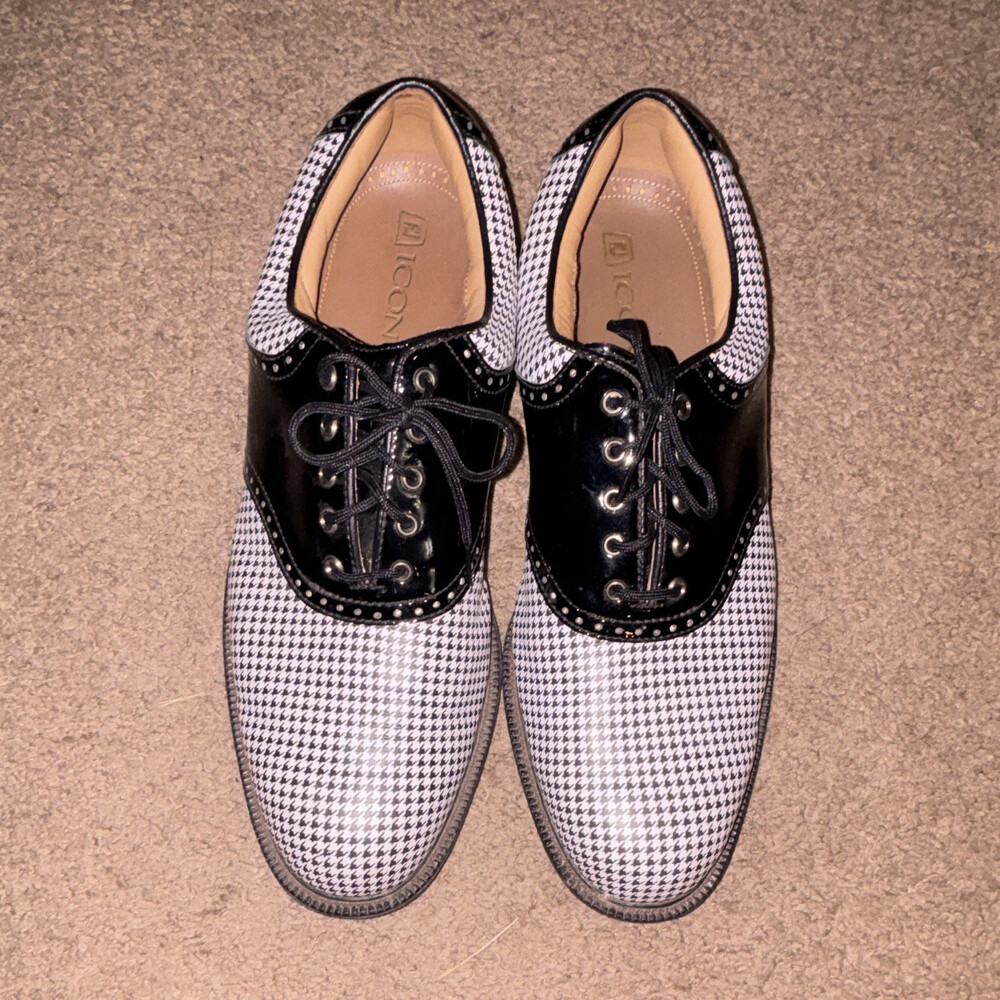 FootJoy ICON Men’s Golf Sneaker Leather Lace-Up Low Top Black/White Houndstooth